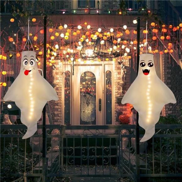 3PCS Halloween Decorations Outdoor Ghost Windsock LED Hanging Decor - Picture 6 of 7